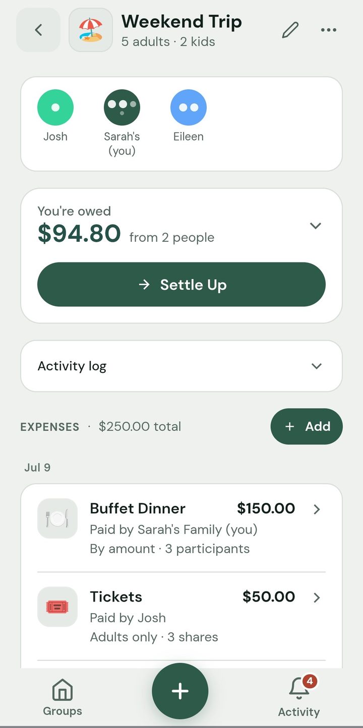 A Fairlyd group showing balances and expenses split different ways