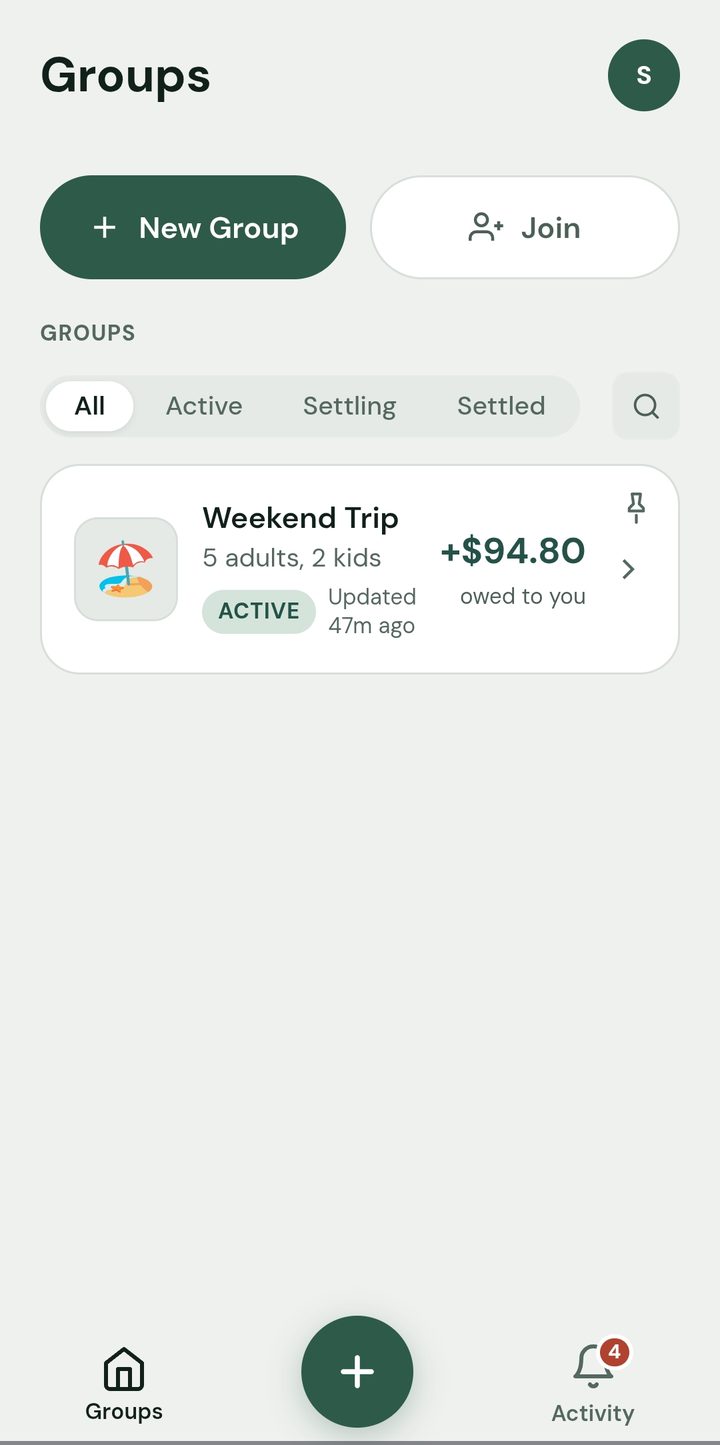 The groups home screen with balances at a glance
