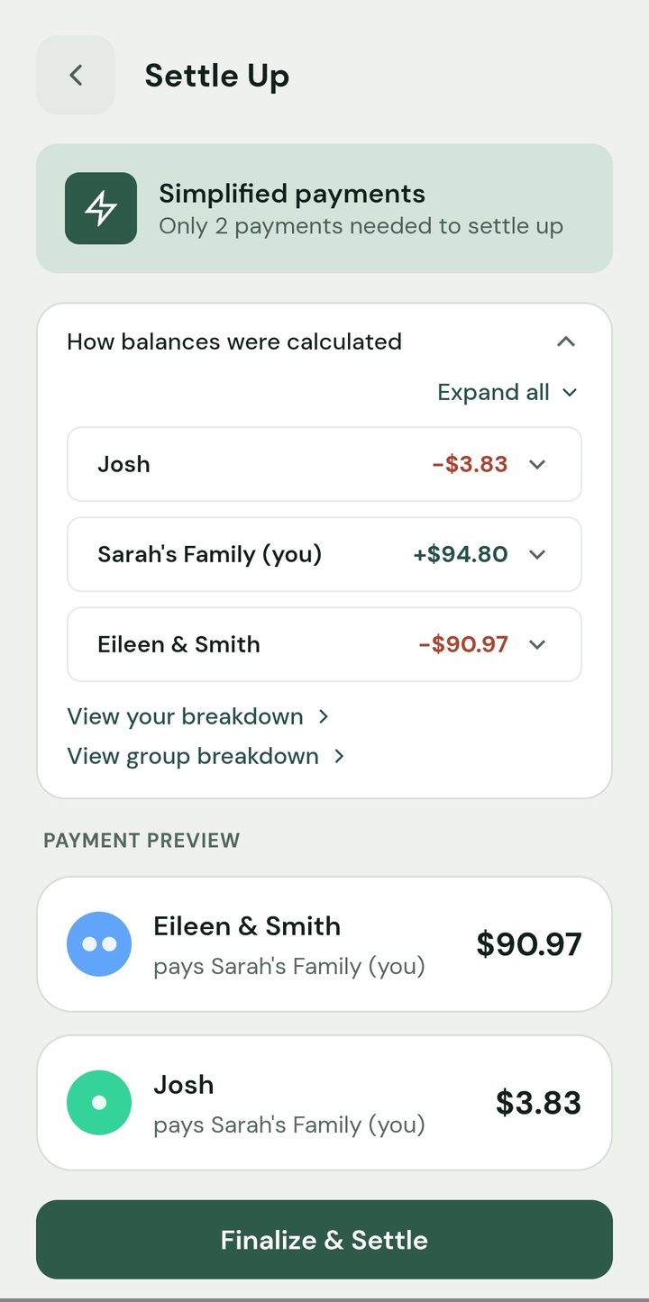 Settle Up screen showing only two payments needed to settle the group