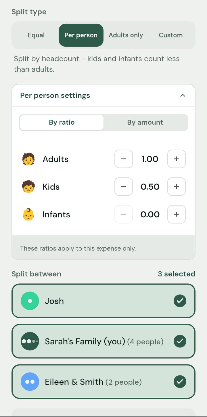 The split type picker with per-person ratios for adults, kids, and infants